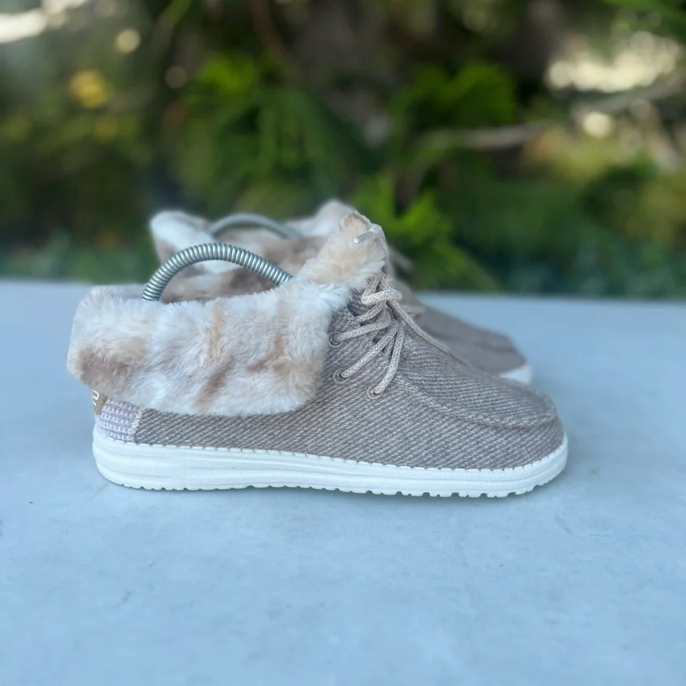 Hey Dude Women's Beige Knit Sneakers with Faux Fur Collar